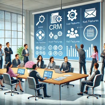 A professional and modern illustration of a business team in a collaborative workspace choosing a CRM tool